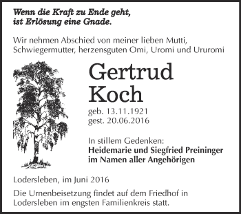 Traueranzeige von Gertrud Koch von WVG - Wochenspiegel Merseburg