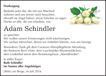 Traueranzeige von Adam Schindler von Mitteldeutsche Zeitung Merseburg/Querfurt