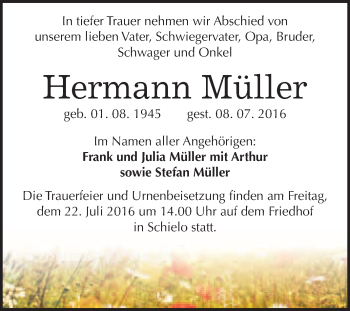 Traueranzeige von Hermann Müller von WVG - Wochenspiegel Quedlinburg