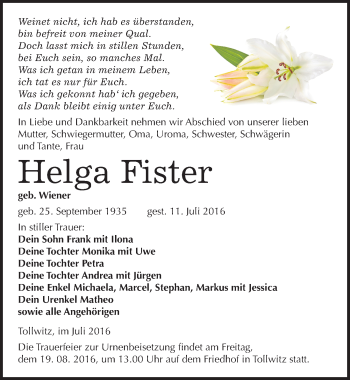 Traueranzeige von Helga Fister von Mitteldeutsche Zeitung Merseburg/Querfurt