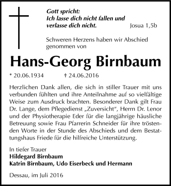 Traueranzeige von Hans-Georg Birnbaum von Mitteldeutsche Zeitung Dessau-Roßlau
