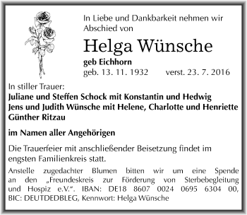 Traueranzeige von Helga Wünsche von Mitteldeutsche Zeitung Halle/Saalkreis