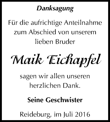 Traueranzeige von Maik Eichapfel von Mitteldeutsche Zeitung Halle/Saalkreis