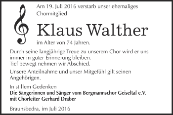 Traueranzeige von Klaus Walther von Super Sonntag Merseburg