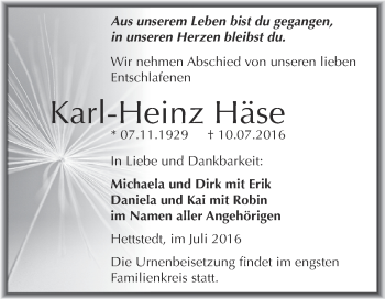 Traueranzeige von Karl-Heinz Häse von Wochenspiegel Mansfelder Land