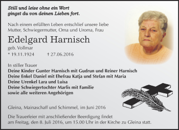 Traueranzeige von Edelgard Harnisch von Super Sonntag Zeitz