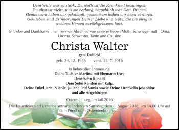 Traueranzeige von Christa Walter von WVG - Wochenspiegel Dessau / Köthen