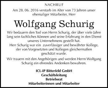 Traueranzeige von Wolfgang Schurig von Mitteldeutsche Zeitung Bitterfeld