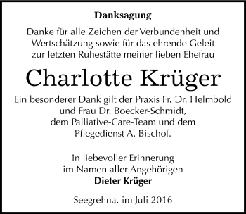 Traueranzeige von Charlotte Krüger von Mitteldeutsche Zeitung Wittenberg
