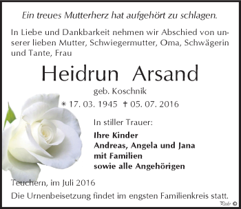 Traueranzeige von Heidrun Arsand von Mitteldeutsche Zeitung Weißenfels