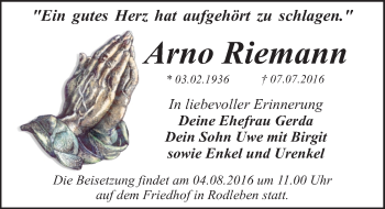 Traueranzeige von Arno Riemann von Mitteldeutsche Zeitung Dessau-Roßlau