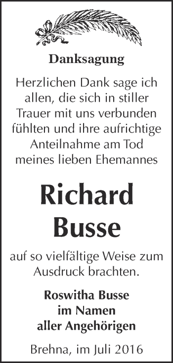 Traueranzeige von Richard Busse von WVG - Wochenspiegel Bitterfeld