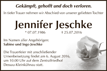 Traueranzeige von Jennifer Jeschke von WVG - Wochenspiegel Dessau / Köthen