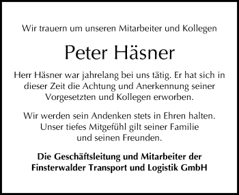 Traueranzeige von Peter Häsner von Mitteldeutsche Zeitung Mansfelder Land