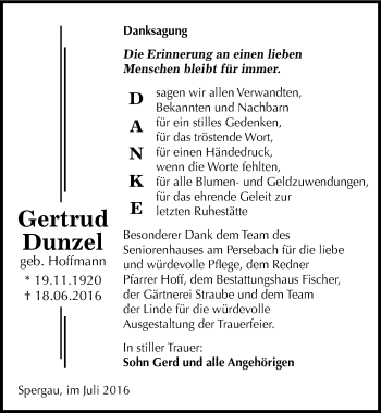 Traueranzeige von Gertrud Dunzel von Mitteldeutsche Zeitung Merseburg/Querfurt