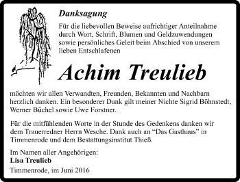 Traueranzeige von Achim Treulieb von Mitteldeutsche Zeitung Quedlinburg