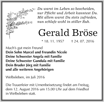 Traueranzeige von Gerald Bröse von Mitteldeutsche Zeitung Mansfelder Land