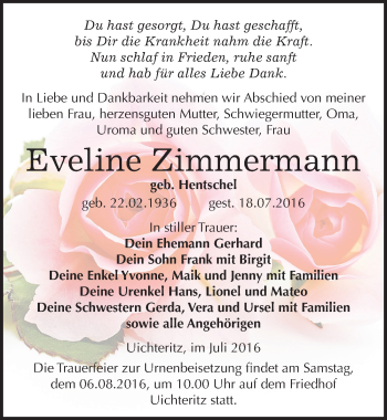 Traueranzeige von Eveline Zimmermann von Mitteldeutsche Zeitung Weißenfels