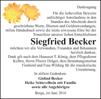 Traueranzeige von Siegfried Becker von Mitteldeutsche Zeitung Sangerhausen