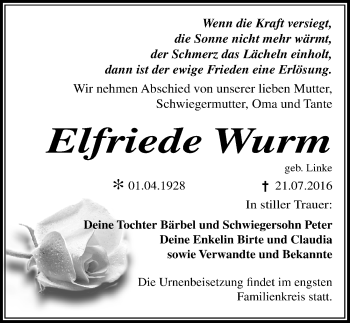 Traueranzeige von Elfriede Wurm von Mitteldeutsche Zeitung Dessau-Roßlau