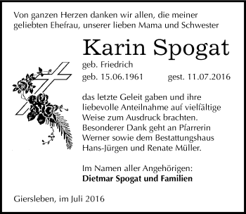 Traueranzeige von Karin Spogat von Mitteldeutsche Zeitung Aschersleben