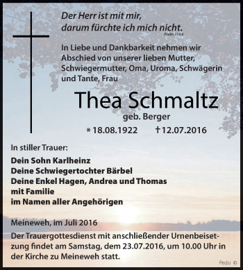 Traueranzeige von Thea Schmaltz von Super Sonntag Zeitz