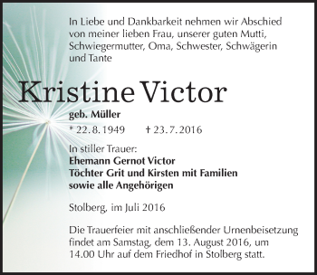 Traueranzeige von Kristine Victor von Mitteldeutsche Zeitung Sangerhausen