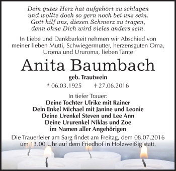 Traueranzeige von Anita Baumbach von Mitteldeutsche Zeitung Bitterfeld