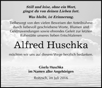 Traueranzeige von Alfred Huschka von Mitteldeutsche Zeitung Bitterfeld