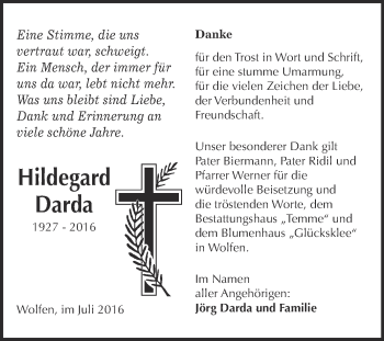 Traueranzeige von Hildegard Darda von WVG - Wochenspiegel Bitterfeld