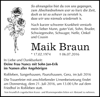 Traueranzeige von Maik Braun von Mitteldeutsche Zeitung Sangerhausen