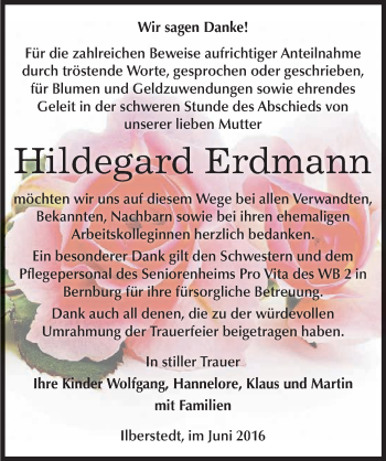 Traueranzeige von Hildegard Erdmann von Mitteldeutsche Zeitung Bernburg