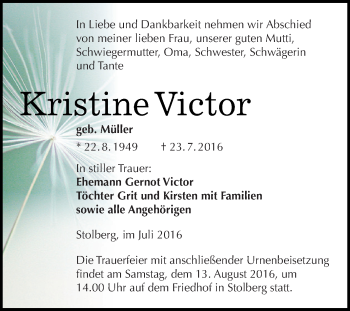 Traueranzeige von Kristine Victor von Super Sonntag SGH Mansf. Land