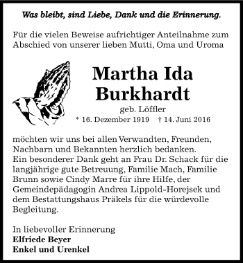 Traueranzeige von Martha Ida Burkhardt von Mitteldeutsche Zeitung Zeitz