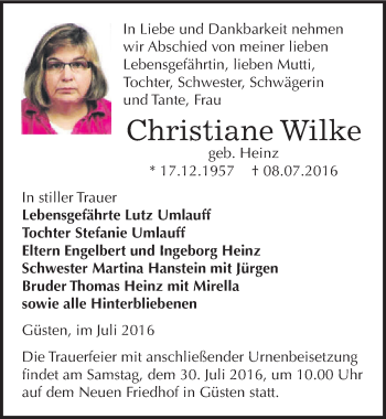 Traueranzeige von Christiane Wilke von Mitteldeutsche Zeitung Bernburg