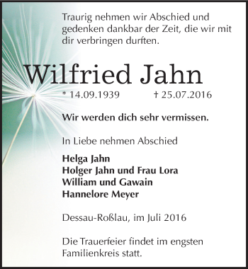 Traueranzeige von Wilfried Jahn von Mitteldeutsche Zeitung Dessau-Roßlau