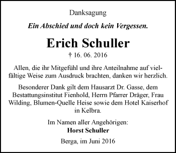 Traueranzeige von Erich Schuller von Mitteldeutsche Zeitung Sangerhausen
