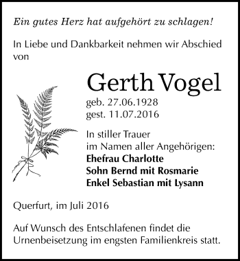 Traueranzeige von Gerth Vogel von Mitteldeutsche Zeitung Merseburg/Querfurt