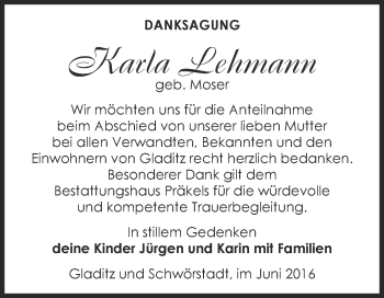 Traueranzeige von Karla Lehmann von Super Sonntag Zeitz