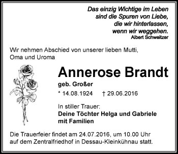 Traueranzeige von Annerose Brandt von Mitteldeutsche Zeitung Dessau-Roßlau