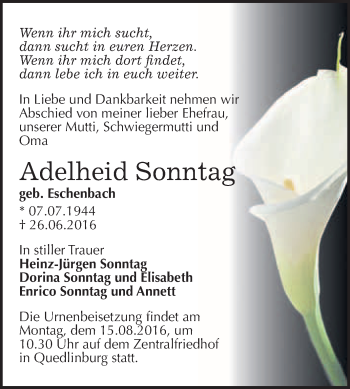Traueranzeige von Adelheid Sonntag von WVG - Wochenspiegel Quedlinburg