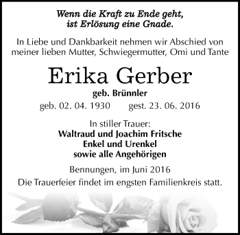 Traueranzeige von Erika Gerber von Mitteldeutsche Zeitung Sangerhausen