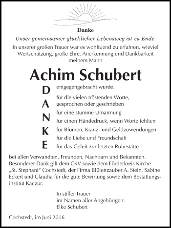 Traueranzeige von Achim Schubert von WVG - Wochenspiegel Quedlinburg