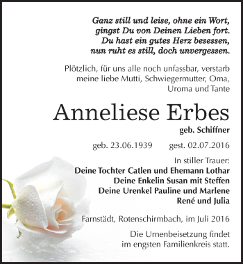Traueranzeige von Anneliese Erbes von Mitteldeutsche Zeitung Merseburg/Querfurt