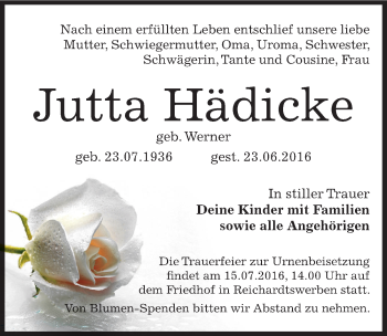 Traueranzeige von Jutta Hädicke von Mitteldeutsche Zeitung Weißenfels