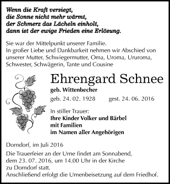 Traueranzeige von Ehrengard Schnee von Mitteldeutsche Zeitung Naumburg/Nebra