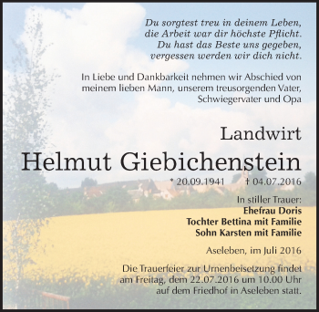 Traueranzeige von Helmut Giebichenstein von Mitteldeutsche Zeitung Mansfelder Land