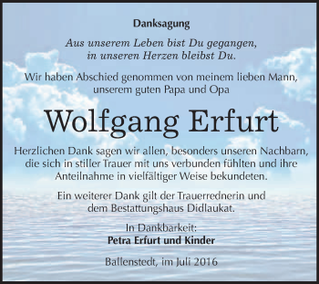 Traueranzeige von Wolfgang Erfurt von WVG - Wochenspiegel Quedlinburg