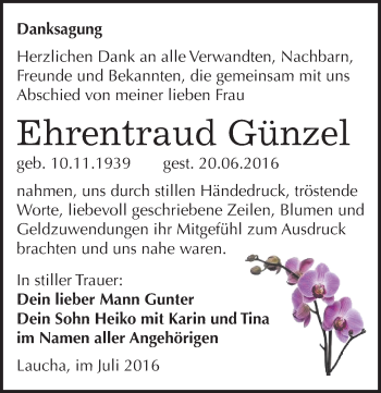 Traueranzeige von Ehrentraud Günzel von Mitteldeutsche Zeitung Naumburg/Nebra