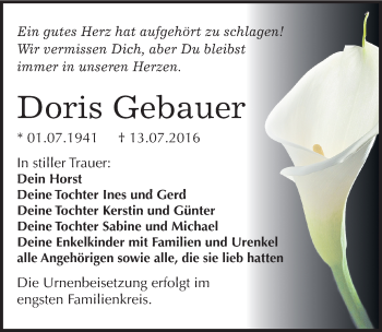 Traueranzeige von Doris Gebauer von Mitteldeutsche Zeitung Bitterfeld
